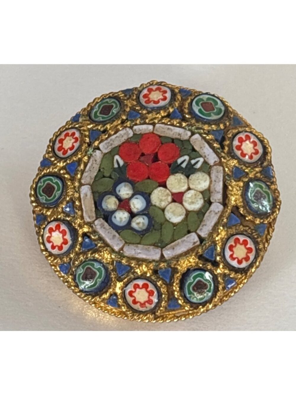 Vintage Micro Mosaic Brooch Floral Pin | Italy | Round | Red, Blue, White, Gold